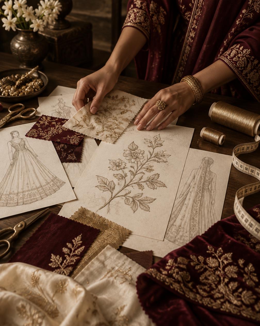 Silk swatches and hand-drawn motifs arranged on a designer's worktable