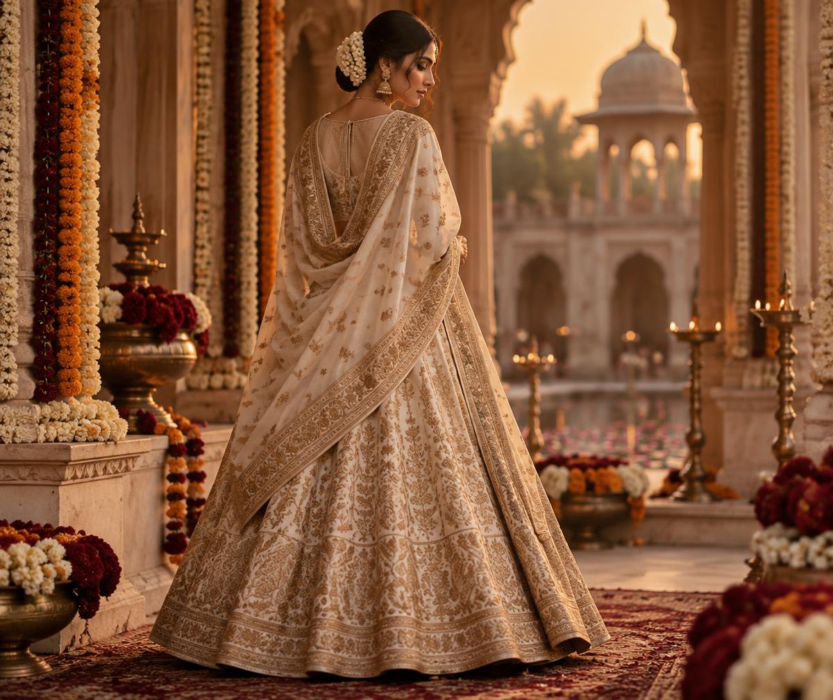 A woman in an ivory and antique gold ensemble at an evening celebration