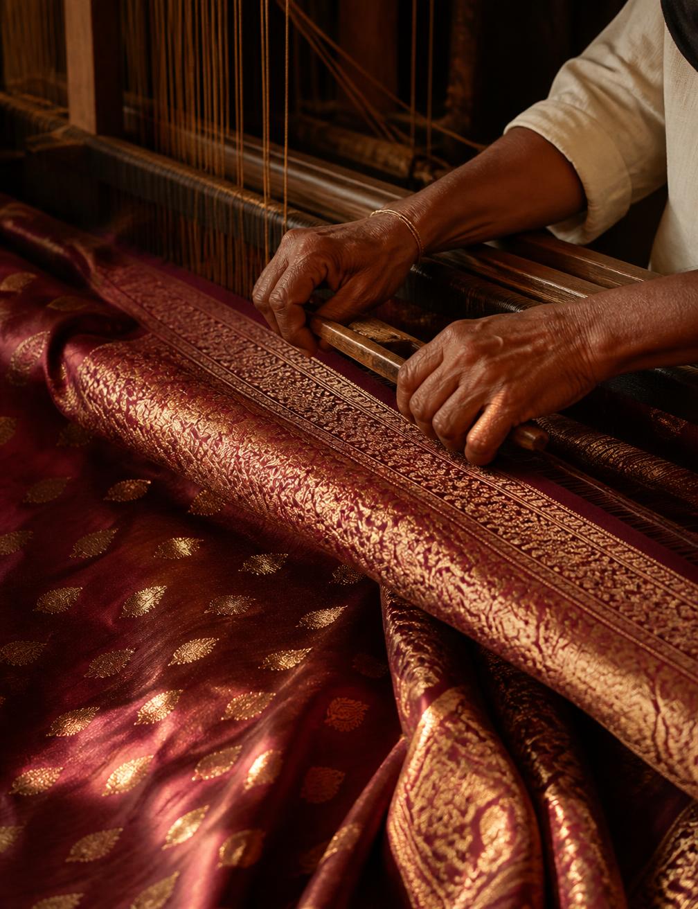 A Banarasi weaver working at a traditional loom