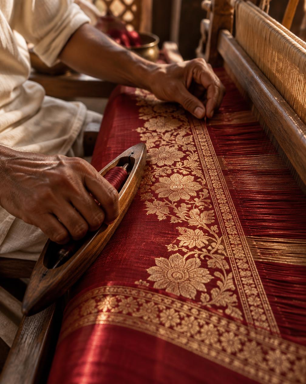 A weaver guiding crimson silk and gold zari through a traditional handloom