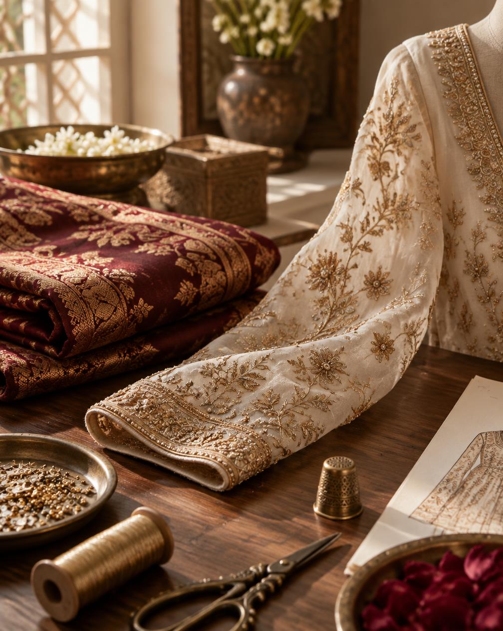 An ivory embroidered textile and crimson Banarasi silk in the atelier