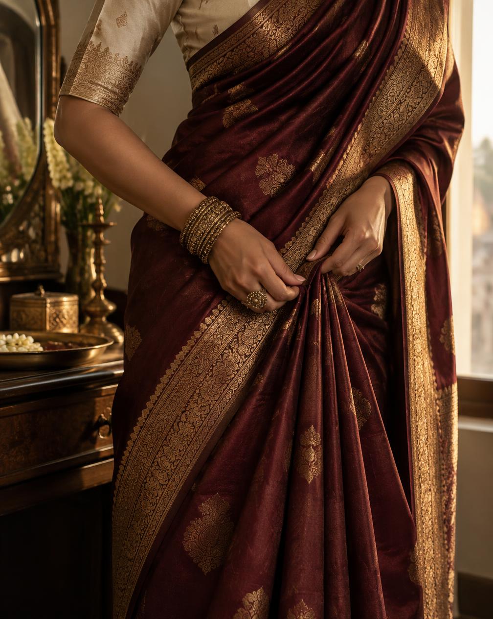 Hands arranging the pleats of a burgundy Banarasi saree