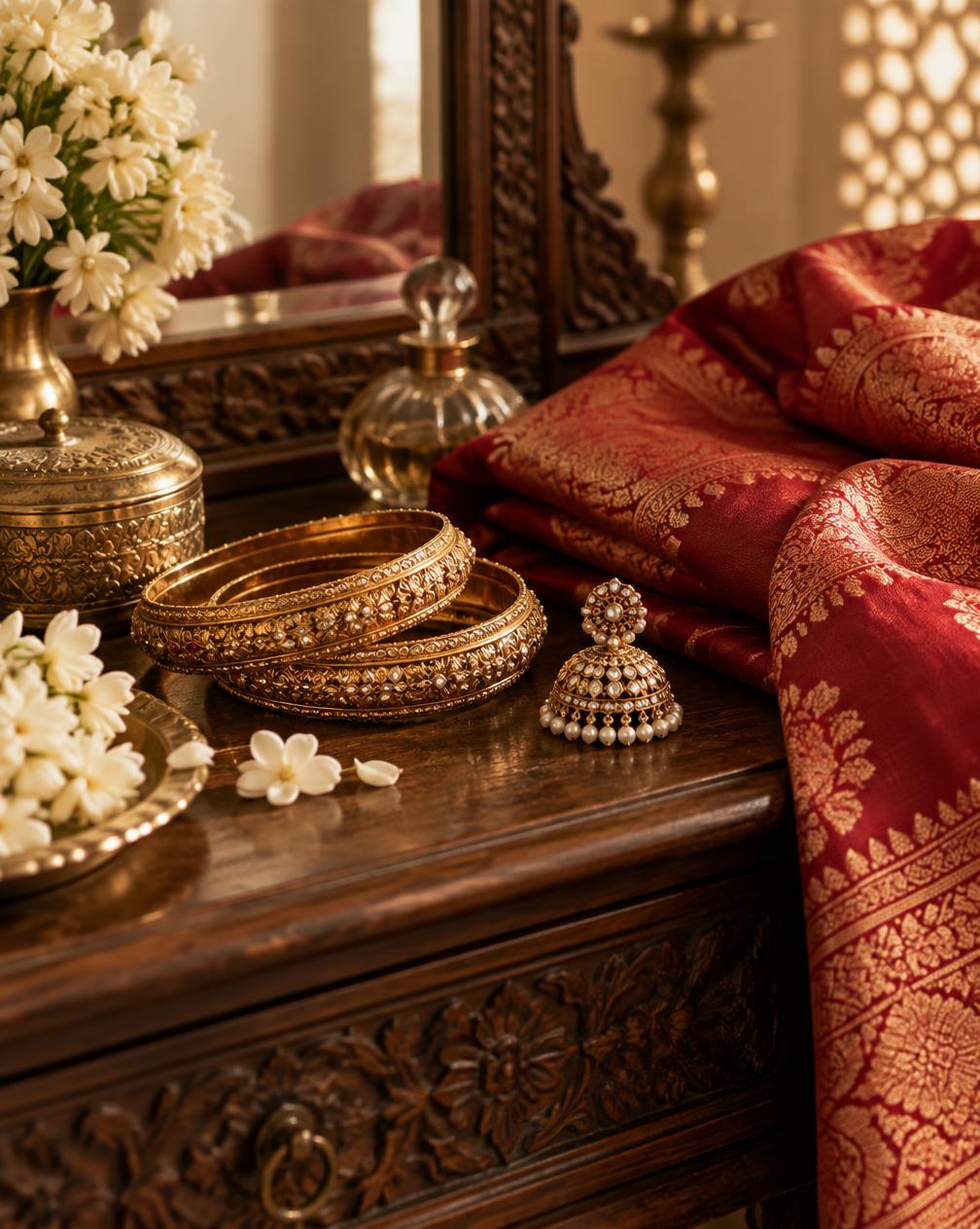Antique gold bangles and a jhumka beside folded Banarasi silk