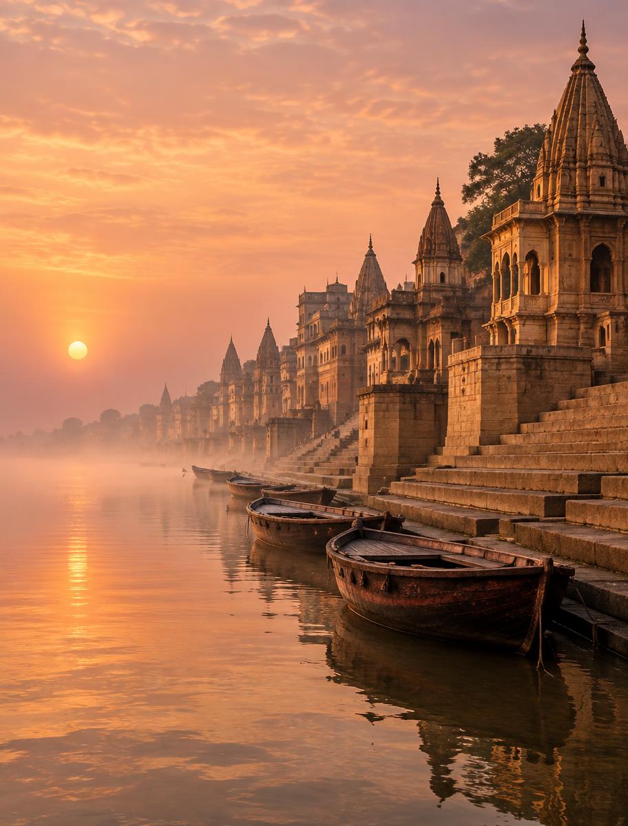The ghats of Banaras at dawn beside the Ganges, with a folded Banarasi silk textile